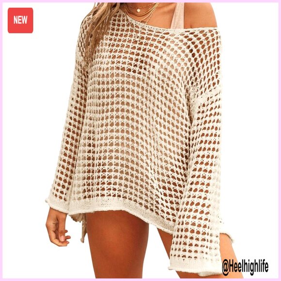 Long Sleeve Crochet Beach Coverup, Polyester, Loose Fit, Sizes S M L